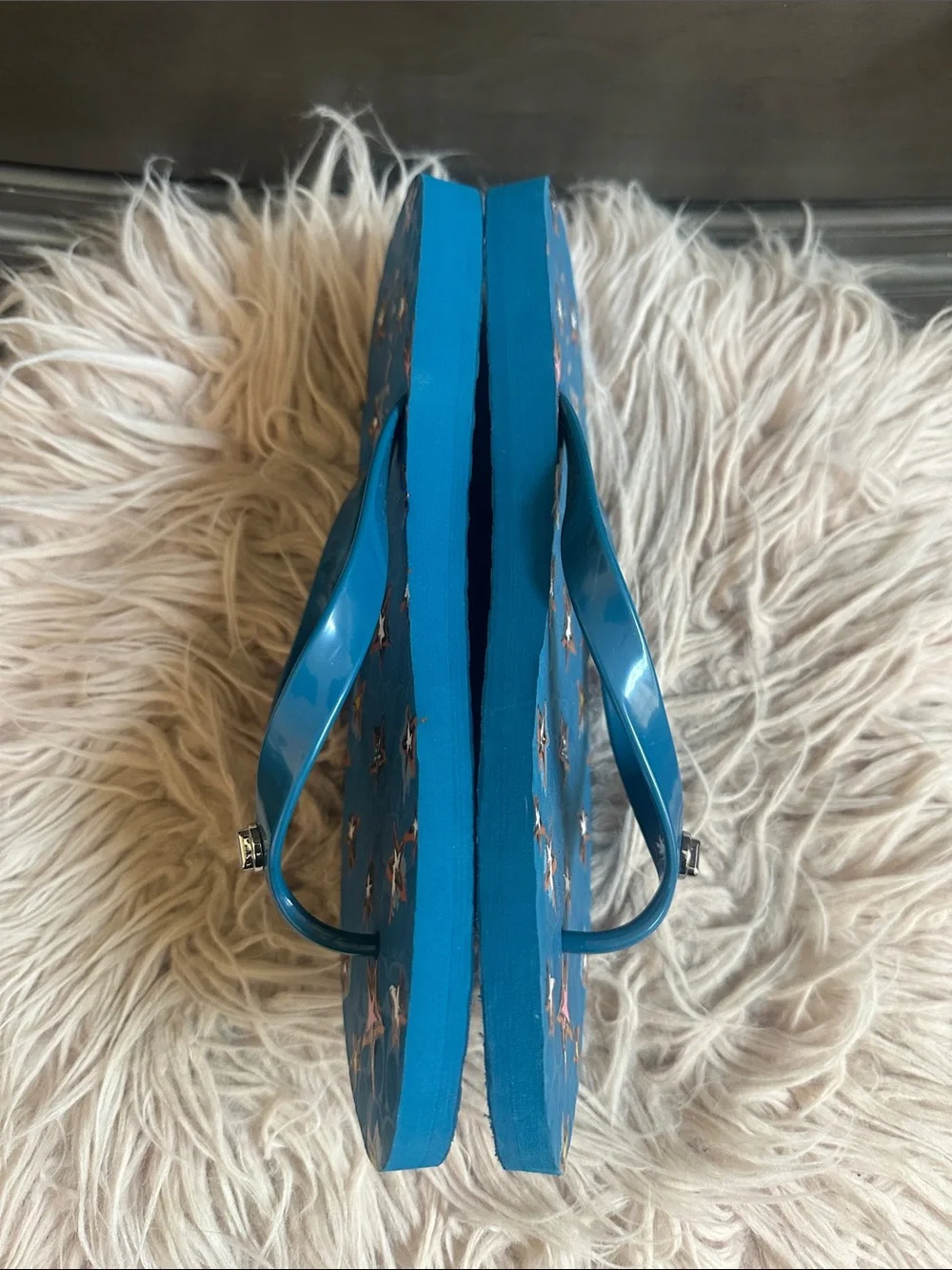 Coach Blue Jelly Flip Flops with Multicolor Star Print